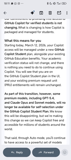 Email from microslop saying gpt5 and claude models are now blocked to students