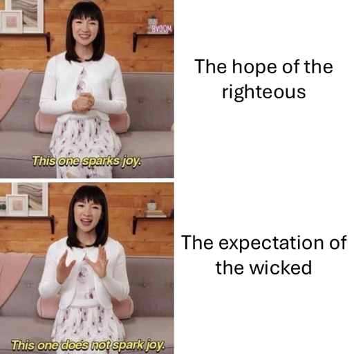 Marie Kondo meme with "The hope of the righteous" sparking joy and "the expectation of the wicked" not sparking joy