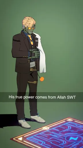 An image of Robo-Ky from the hit video game Guilty Gear: Strive standing in front of a carpet/mat, which is usually placed by his move Gimmic-KY. In-game this mat recharges his Electric Gauge, which is critical to his gameplay. The text says "His true power comes from Allah SWT".