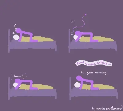 digital drawing of four panel comic. A lilac figure has crawled ontop of a white figure which is laying on a bed. the white figure is still sleeping and under the covers. Lilac is over the covers, holding White in place. Lilac leans downwards to Whites head, giving them a long kiss. That makes Whites sleeping noisese quieter. Lilac now gives shorter, more frequent kisses all over Whites face. That makes them wake up and ask "hmm?". Lilac backs off a bit and says in a soft and soothing tone "god morning, sunshine!", to which White responds "hi... good morning".