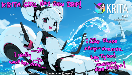 illustration of Krita mascot "Kiki the Cyber Squirrel". text overtop says "Krita girl has new drip! i really want her dress. i like those strap-dresses. hey Tyson! awesome dress design!" Tyson is the artist of the illustration. text on bottom "edited with Krita by maria on Lemmy"