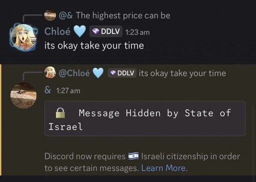 some1 banters about the real possibility of getting Zion-blocked from posting on discord, a Jewish company, with a Hebrew pun