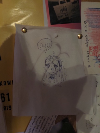 A pin board with a napkin doodle showing female looking character saying "owo".
A shadow of a head with extra ears of a frames the doodle. There is a small plant on between the ears.