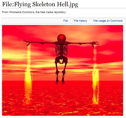 A screenshot of a WIkipedia entry titled Flying Skeleton Hell.jpg, which depicts a low-poly, 3-D human skeleton t-posing while looking down/flying over lava while flames emit from the hands.