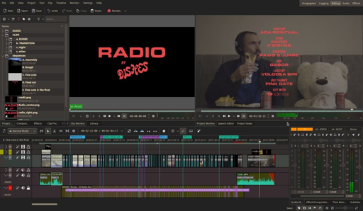 Interface of Kdenlive with one screen displaying the title of a video and the other the credits over a man in a restaurant eating a sandwich next to a white teddy bear.