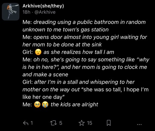 Me: *dreading using a public bathroom in random unknown to me town’s gas station*
Me: *opens door almost into young girl waiting for her mom to be done at the sink*
Girl: *😮 as she realizes how tall I am*
Me: *oh no, she’s going to say something like “why is he in here?”, and her mom is going to clock me and make a scene*
Girl: *after I’m in a stall and whispering to her mother on the way out* “she was so tall, I hope I’m like her one day”
Me: 🥹😭 *the kids are alright* 