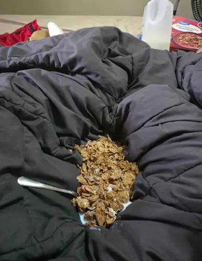 Someone eating cereal (seemingly bran flakes with milk) out of a divot they made in a duvet