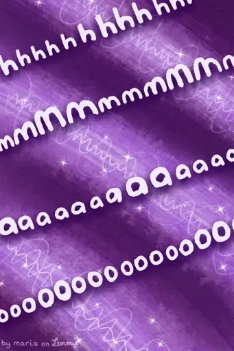 digital drawing in purple. the background has multiple bright broad strokes with frequency lines on it and white sparkles on them. the is text overtop the strokes which have the letters H, M, A and O on it. where the text and the strokes interfere, the letters become larger and bolder. bottom left says "by maria on lemmy"