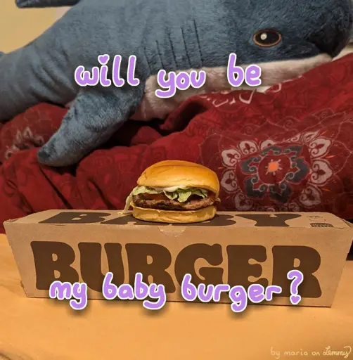 photo taken on a bed. the bed has orange sheets and a thick red patterned blanket on it. there is a blahaj shark plushy on the blanket in the background. there is a cardboard box with the text "baby burger" largely printed on it. on the box, a single "baby burger" is displayed. it has mayonaise, lettuce, tomatoes, a patty and ketchup on it. it is rather small. text overtop says "will you be my baby burger?". bottom right says "by maria on lemmy".