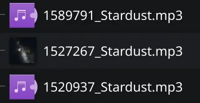 Three near identically titled Newgrounds songs titled "1589791_Stardust.mp3", "1527267_Stardust.mp3", "1520937_Stardust.mp3"