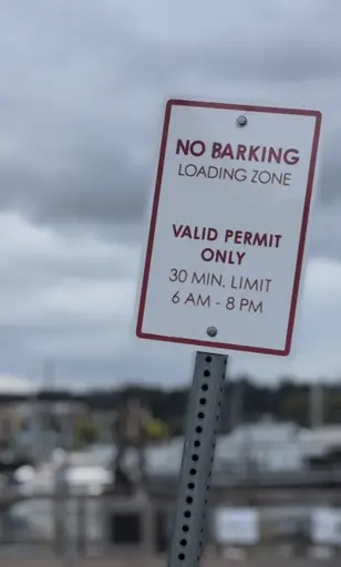 Street sign at a slight angle. The sign reads "NO PARKING" but the P has been modified by ink to instead be a B, hence the full sigh reads, "NO PARKING LOADING ZONE. VALID PERMIT ONLY. 30 MIN. LIMIT 6 AM - 8 PM