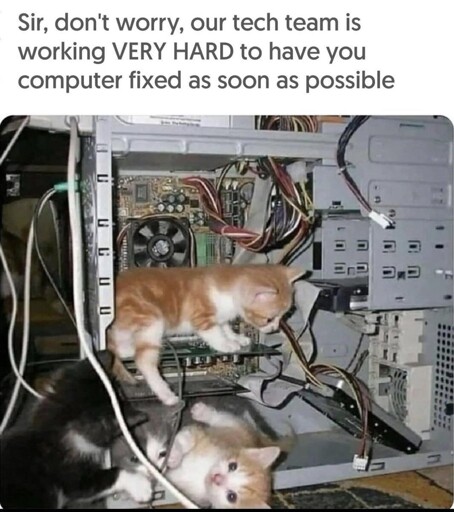 picture of an open pc case with kittens in and around it with the caption "sir, don't worry, our tech team is working VERY HARD to have your computer fixed as soon as possible."