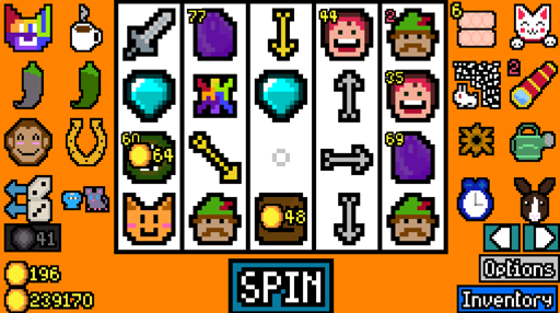 A screenshot of the game "Luck Be a Landlord". The player has way too many items, 239170 coins, and has just earned more 196 coins.