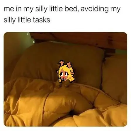 noelle tucked in 🛏️, captioned “me in my silly little bed, avoiding silly little tasks”