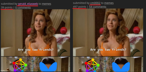 Two screenshots side by side. Screenshot 1 reads "submitted by gerald_eliasweb to memes. 39 points. 0 comments". Screenshot 2 reads "submitted by cm0002 to memes. 497 points. 54 comments"