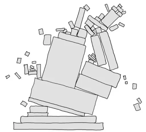 A modified version of XKCD #2347, the fragile tower of dependencies in digital infrastructure; except the tower is crumbling. 