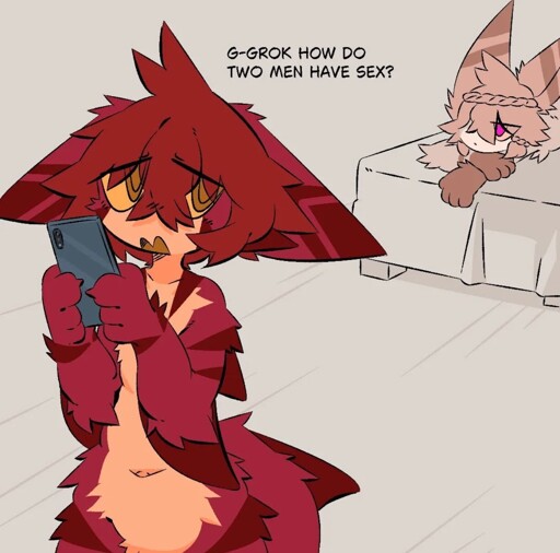 Furry asking Grok how say gex works whilst another furry is laying on the bed