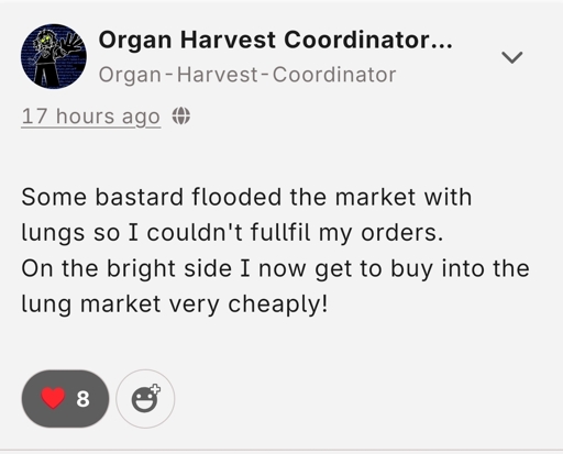 Screenshot from wafrn. User organ harvest coordinator says: