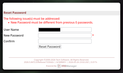 Reset password screen. Form has been completed once and rejected with a red lettered response. "The following issues must be addressed: New password must be different from previous 0 passwords."