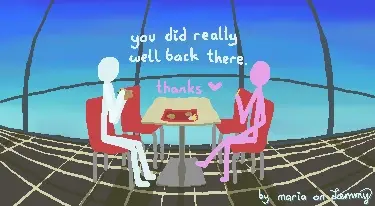 digital drawing. Lilac and White figures sit at table in a restaurant. White eating a burger, Lilac eating fries. Lilac says "you did really well back there", which Lilac replies with "thanks".
