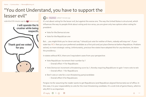 Post titled "You dont understand, you have to support the lesser evil"