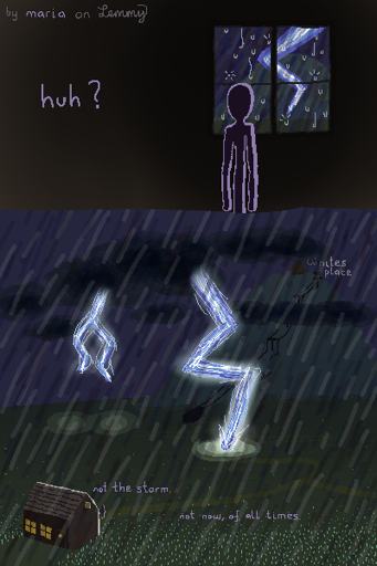 digital drawing. lilac figure is standing inside a house, looking through a window and seeing rain hit the window, a storm outside and a mountain and a thunder strike. the final image shows the cabin which Lilac is in, with Lilac standing before it, looking directly at the mountain which is so very far away, with thunder dancing around the path needed to get there. there is a cabin atop the mountain, which says "whites place". "White" is another figure, who Lilac is very fond of. it is raining furiously, water hitting the windows loudly and the grass lights up from the bright lightning strikes. there are dark clouds surrounding the mountain and there is a gondola leading up to Whites place, but one of its poles got destroyed by the heavy strom and the whole gondola systeem is now inactive. top left says "by maria on lemmy" where "maria" is written in Lilac.
