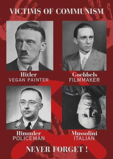 Satiric meme picture with the title 'Victims of Communism' with the portraits of the following in a 2x2 placement:    
1. Hitler, described as Vegan painter  
2. Goebbels, described as Film maker  
3. Himmler, described as Policeman  
4. Mussolini(picture flipped upside-down), described as Italian  

The meme hints at how the Victims of Communism Memorial was filled with Nazi collaborators.