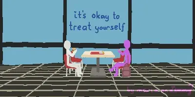 digital drawing of two figurees sitting in a fast food restaurant. the lilac figure is eating fries and the white figure is eating a buger. text overtop says "it's okay to treat yourself". bottom right says "by maria on lemmy"