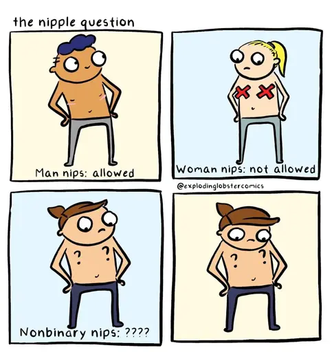 The nipple Question. Man nips: allowed; Woman nips: not allowed; Nonbinary nips: ????