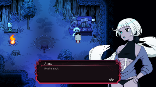 A screenshot of Paper Lily Chapter 1 with a girl named Alba saying: "5 coins each". She's dressed suggestive, with two white snakes floating near her. She also shares some visual features with Sans, a character from Undertale: her right eye is blue on black and under her boobs is a part of skeleton.