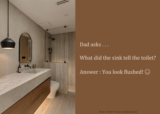 Dad Joke : Dad asks . . . What did the sink tell the toilet? Answer : You look flushed!